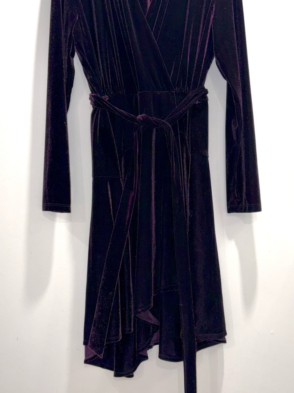 Velvet High-Low Wrap Dress in Deep Plum